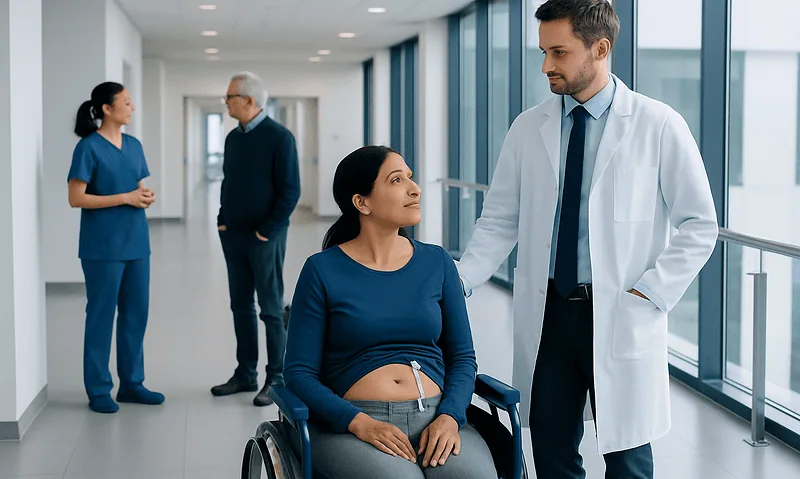 Doctor consulting a female patient in a hospital corridor.