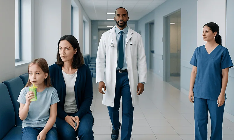 Diverse medical team with a young girl patient in hospital corridor.