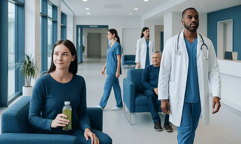Patients and doctor in a modern hospital waiting area.