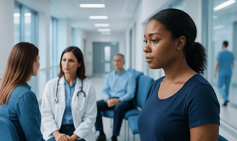 Patient consulting with healthcare professionals in hospital corridor.