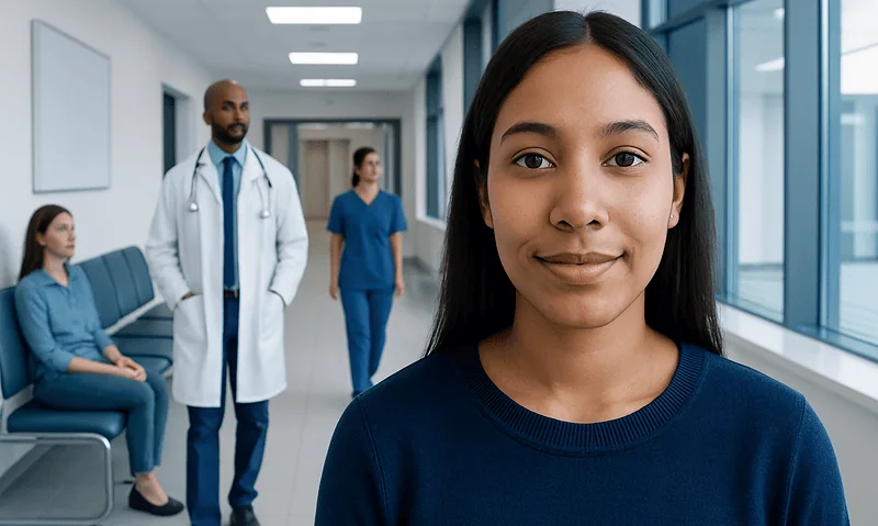 Young woman at a hospital corridor with medical staff in the background.