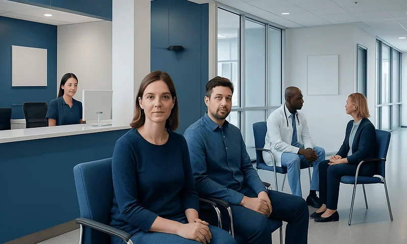 Patients waiting in a modern hospital reception area at Acibadem Hospitals Group.