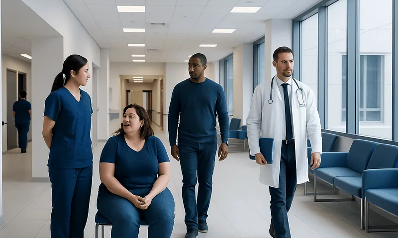 Medical team consulting with a patient in a hospital corridor.