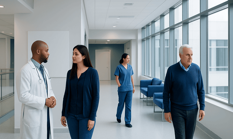 Medical professionals and a patient in a modern hospital corridor.
