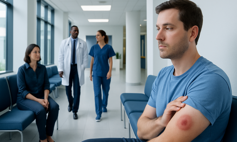 Patient with bug bite on arm in hospital corridor with medical staff.