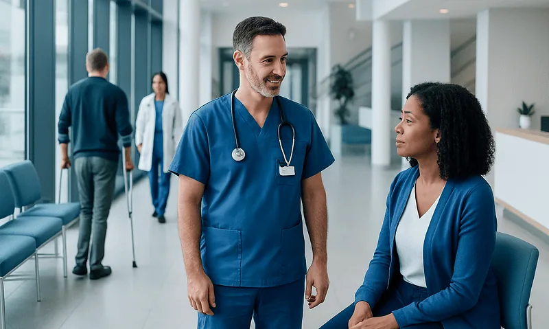 Knee doctor consulting with a patient in a modern hospital corridor.