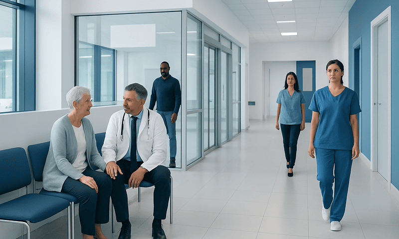 Healthcare professionals consulting with elderly patient in hospital corridor.