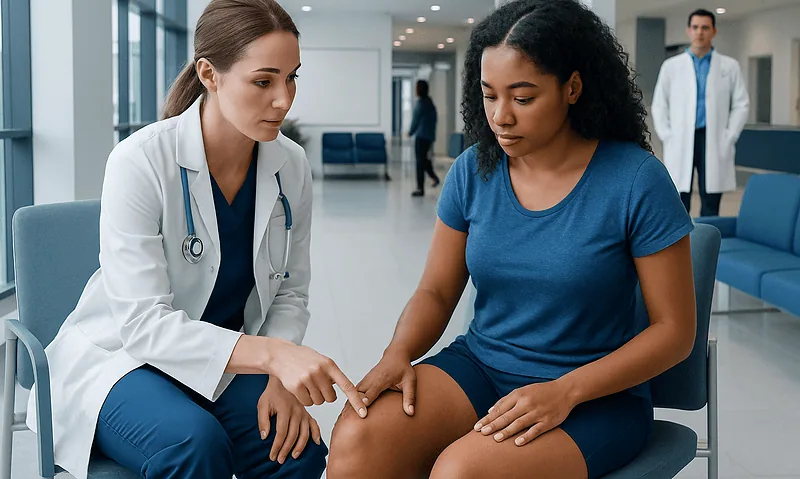 Doctor examining inner thigh of patient in hospital setting.