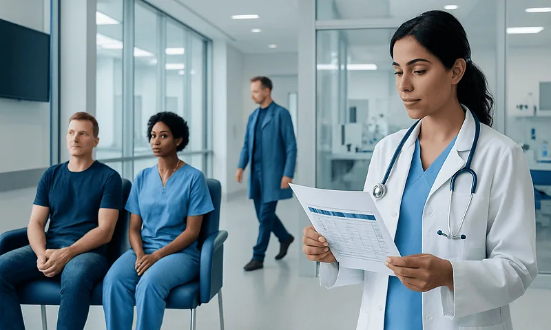 Healthcare professionals in a hospital waiting area with a doctor reviewing a report.