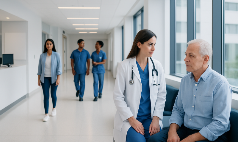 Medical consultation in hospital corridor with healthcare professionals and patient.
