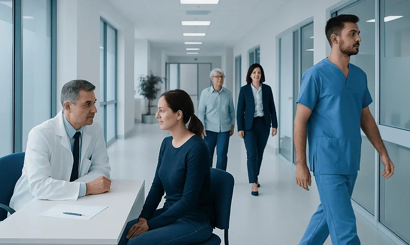 Doctor consulting patient in hospital corridor with medical staff nearby.