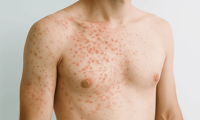 Skin rash on a man's chest with red spots, related to medication reaction.