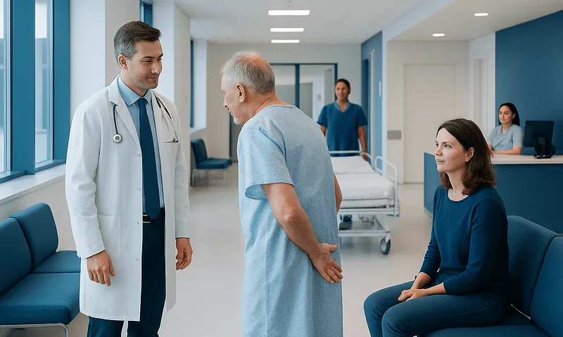 Doctor consulting with elderly patient in hospital corridor.