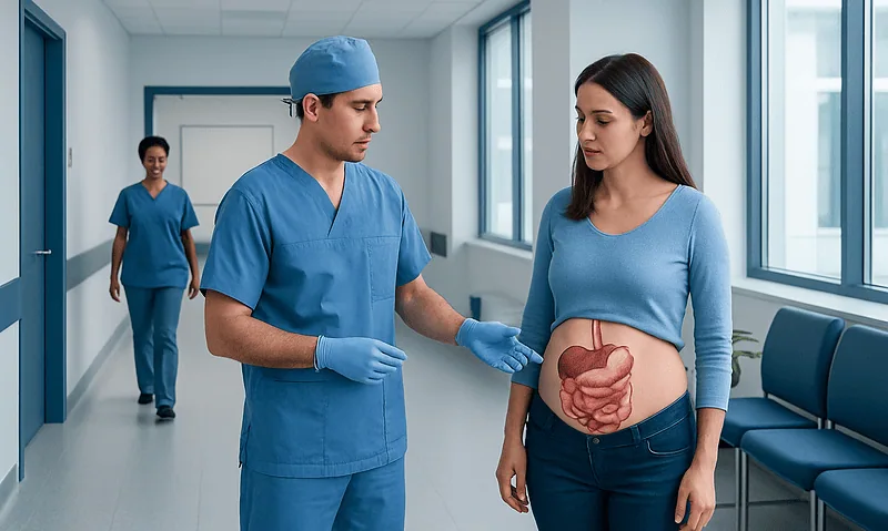 Doctor explaining abdominal anatomy to a patient in hospital corridor.