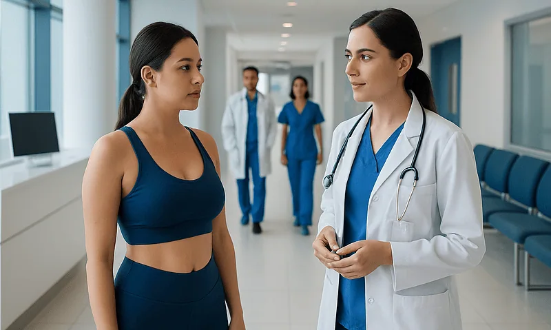 Medical consultation at Acibadem Hospital with female patient and doctor.