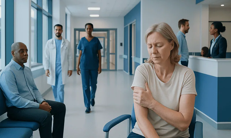 Patient with sore arm in hospital waiting area with medical staff nearby.