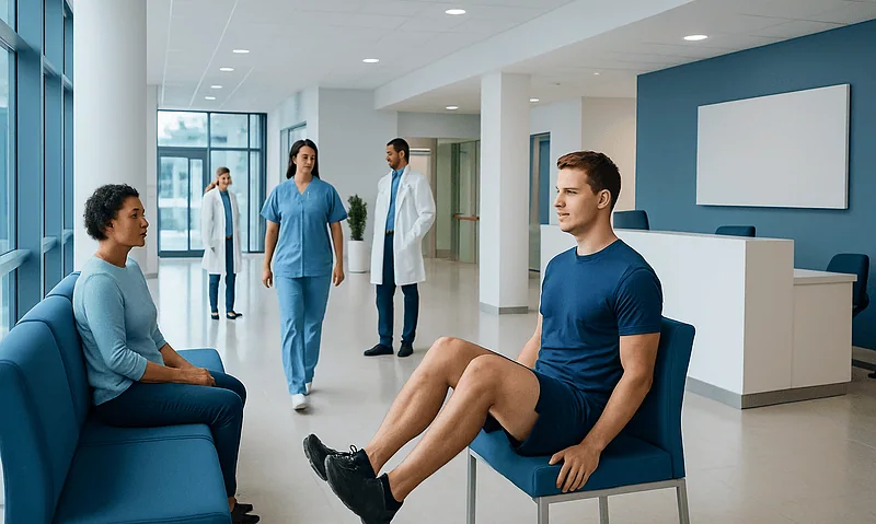 Patient consultation in hospital corridor with medical staff and patient sitting on chair.