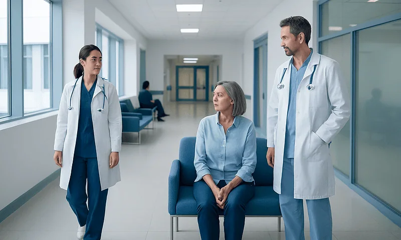 Medical team consulting with a patient in hospital corridor.