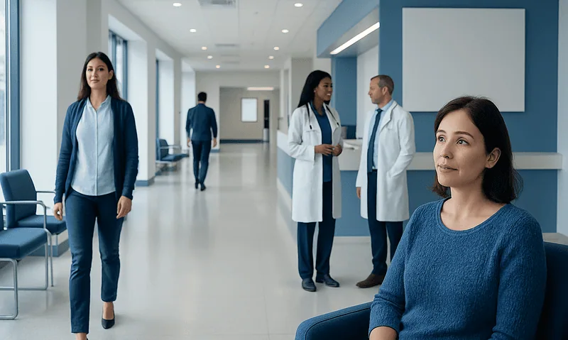 Women and doctors in a modern hospital corridor.