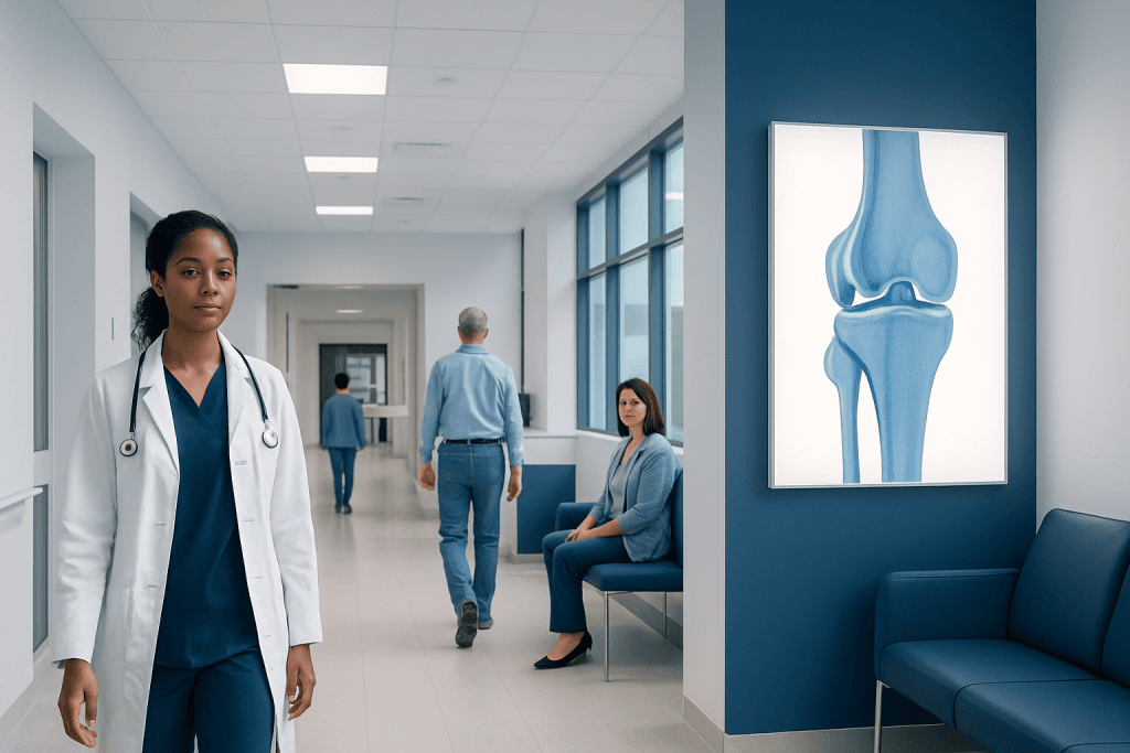 Ligament: An Evidence-Based Guide for Patients 1 Medical professionals in a hospital corridor with knee X-ray on the wall.