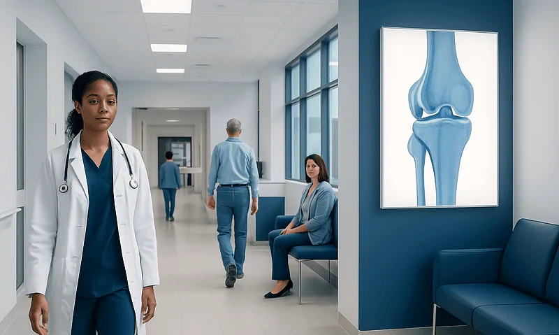 Medical professionals in a hospital corridor with knee X-ray on the wall.
