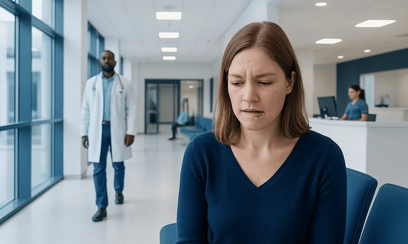 Woman with a worried expression in a hospital corridor.