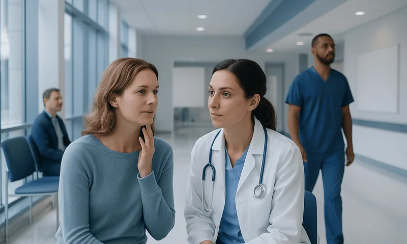 Doctor consulting with a patient in a hospital corridor.