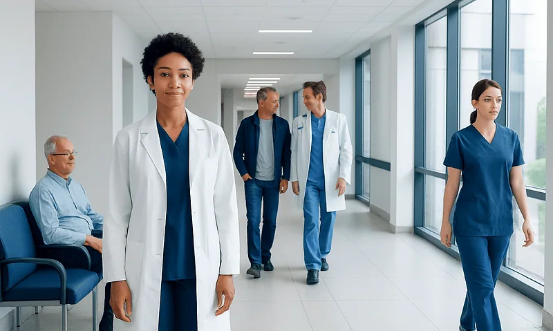Diverse healthcare professionals in a modern hospital corridor.