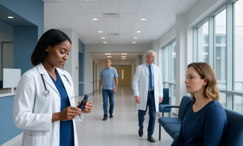Healthcare professionals and patient in hospital corridor at Acibadem Hospitals Group.