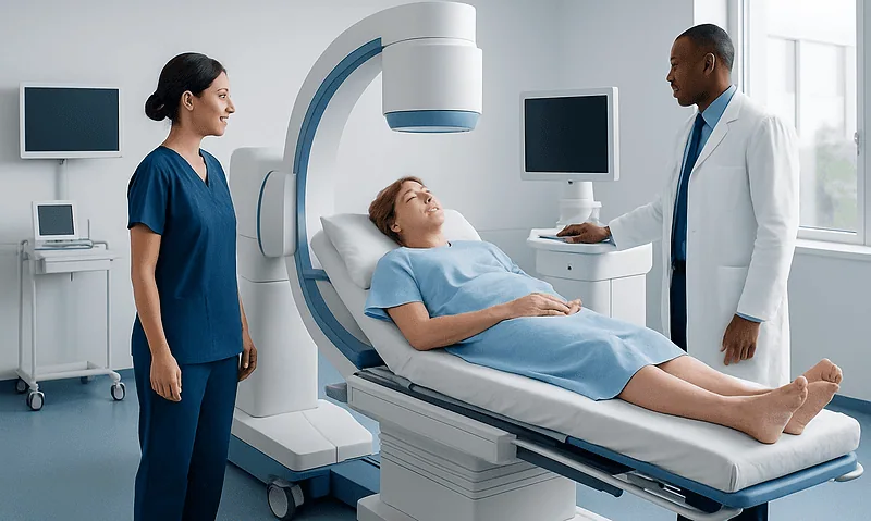 Patient undergoing lithotripsy procedure in a modern hospital setting.