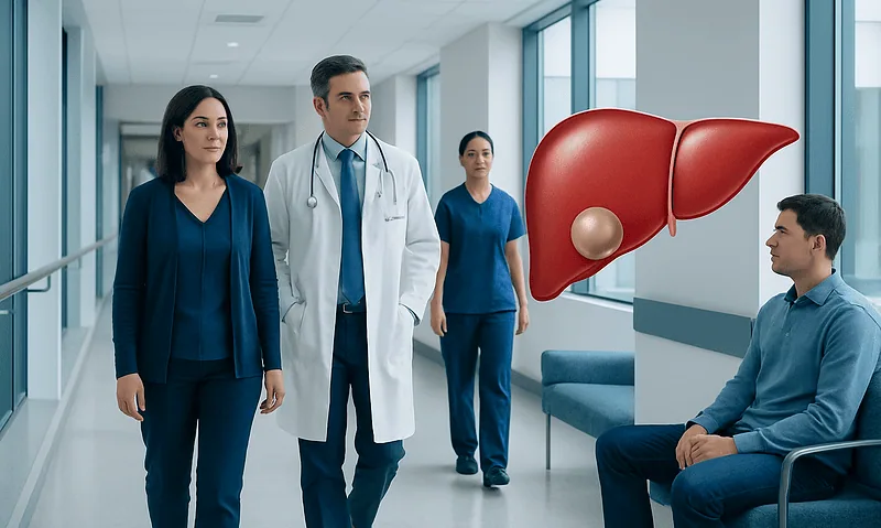 Doctor explaining liver anatomy to patient in hospital corridor.