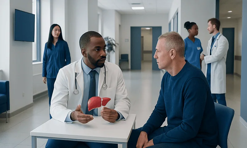 Doctor explaining liver transplant process to patient in hospital.
