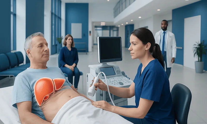 Patient undergoing liver ultrasound at Acibadem Hospital with medical staff.