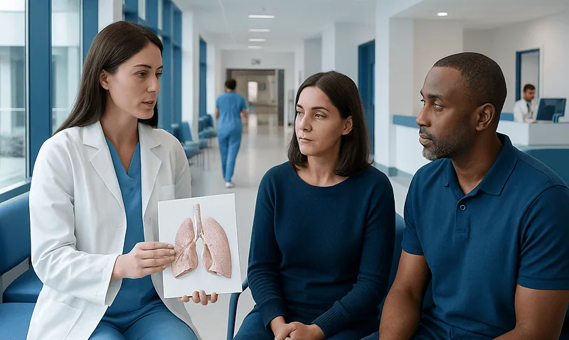 Doctor explaining lung anatomy to patients in hospital corridor.