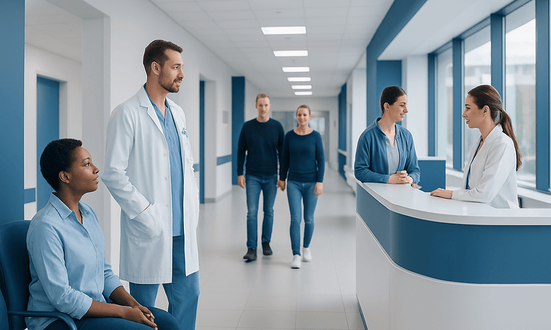 Medical team consulting at Acibadem Hospital reception area.