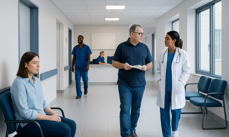 Medical team discussing patient care in hospital corridor.