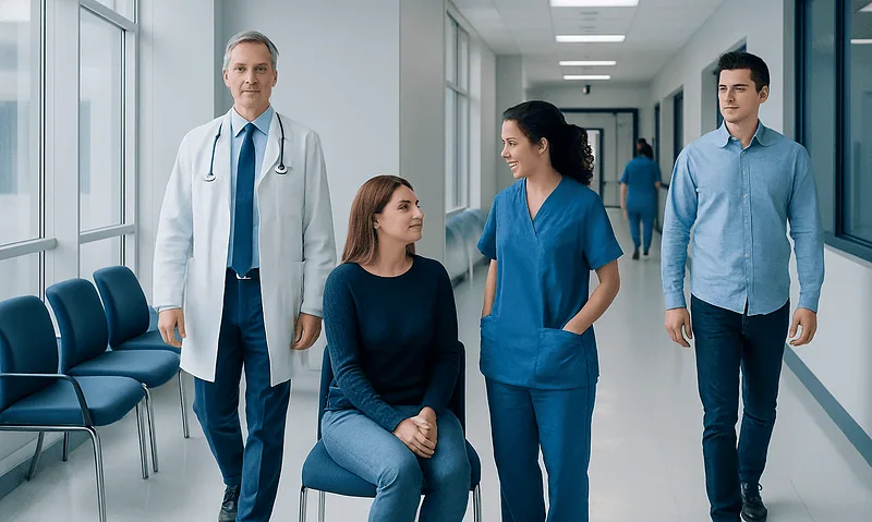 Medical team consulting in hospital corridor with patient and staff.