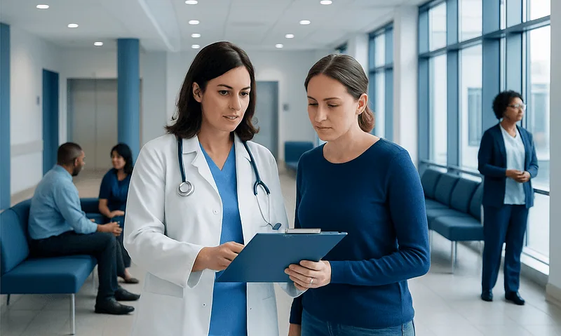 Doctor consulting with patient in hospital corridor.