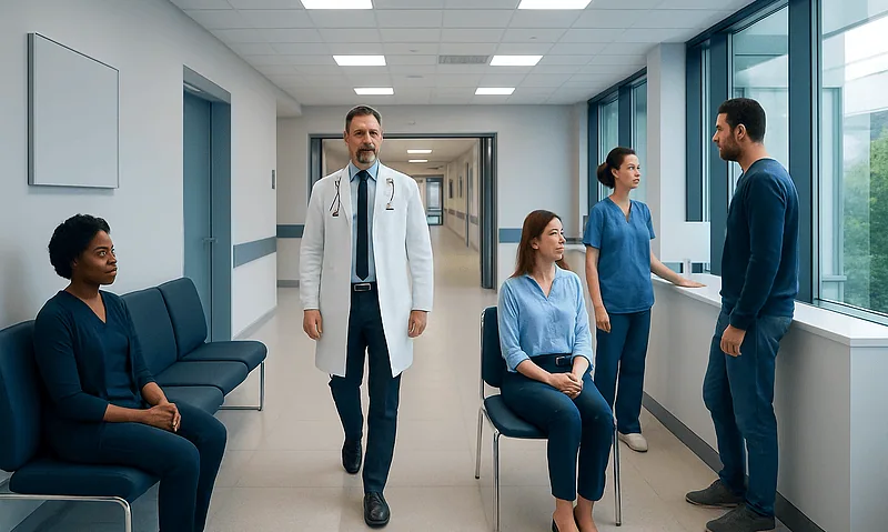 Medical team consulting in hospital corridor with patients and doctor.