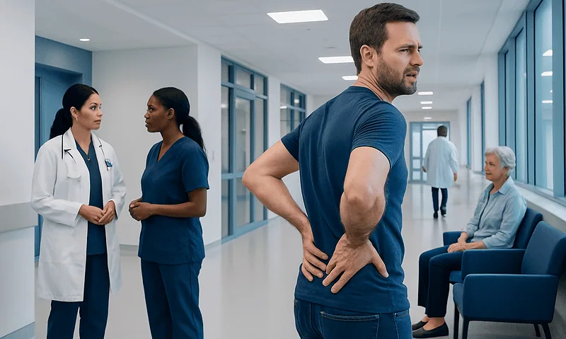 Patient with back pain consulting healthcare professionals in hospital corridor.