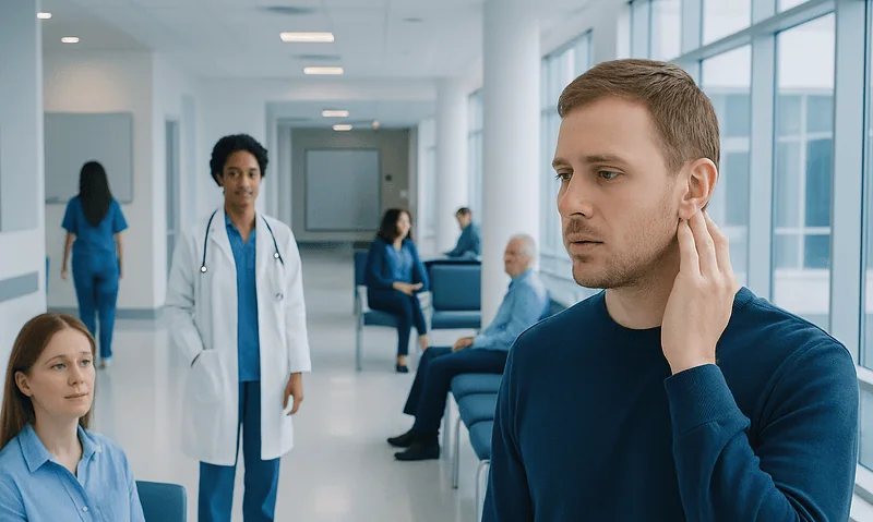 Patient experiencing ear discomfort in a hospital waiting area.