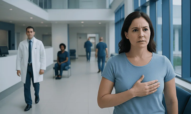 Woman experiencing chest discomfort in hospital corridor with medical staff nearby.