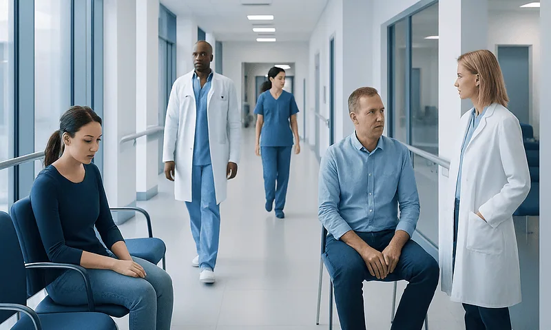 Medical consultation in hospital corridor with doctors and patient.