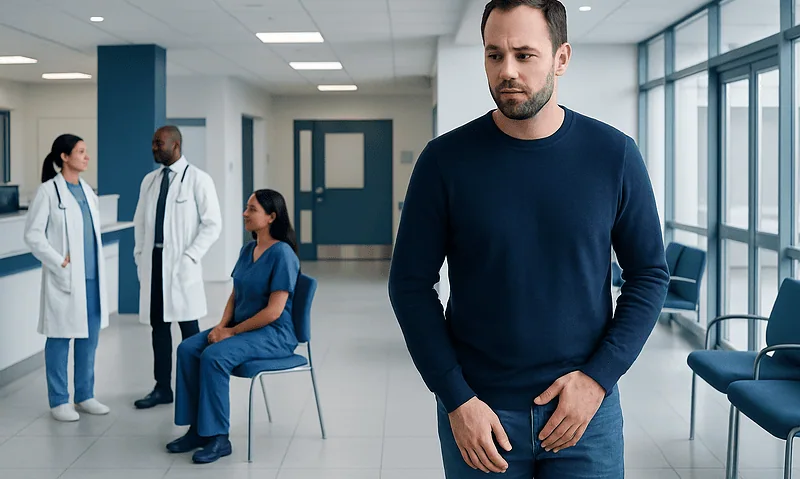 Man waiting in hospital corridor with medical staff and patient.