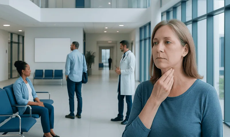 Woman with sore throat at Acibadem Hospital, seeking medical consultation.