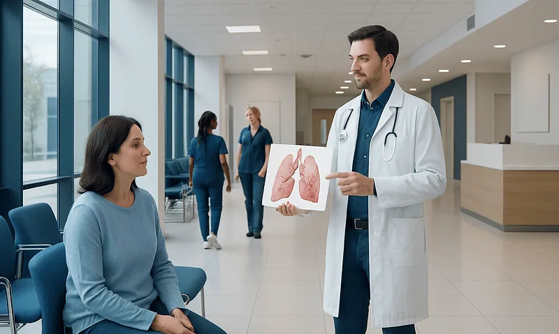 Doctor explaining lung anatomy to a patient in a hospital corridor.