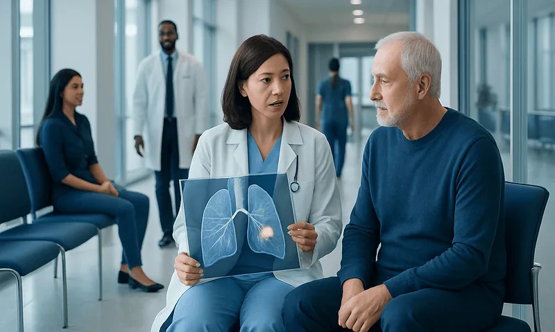 Doctor explaining lung scan to patient in hospital corridor.