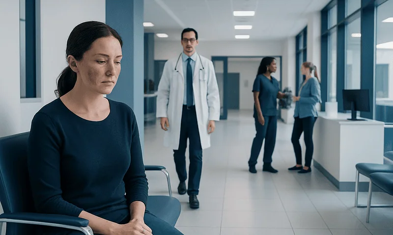 Patient waiting in hospital corridor with medical staff in background.