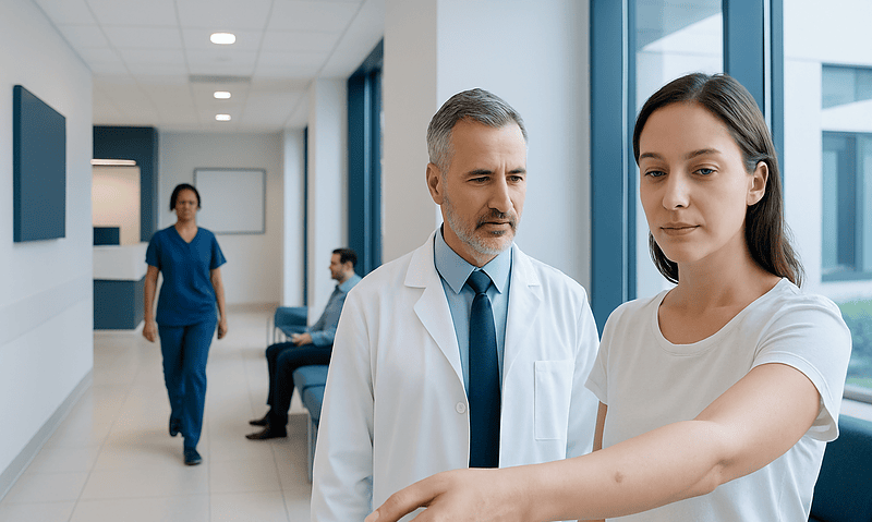 Doctor examining patient's arm in hospital corridor.