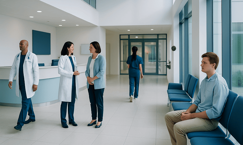 Modern hospital lobby with medical staff and patient seating area.